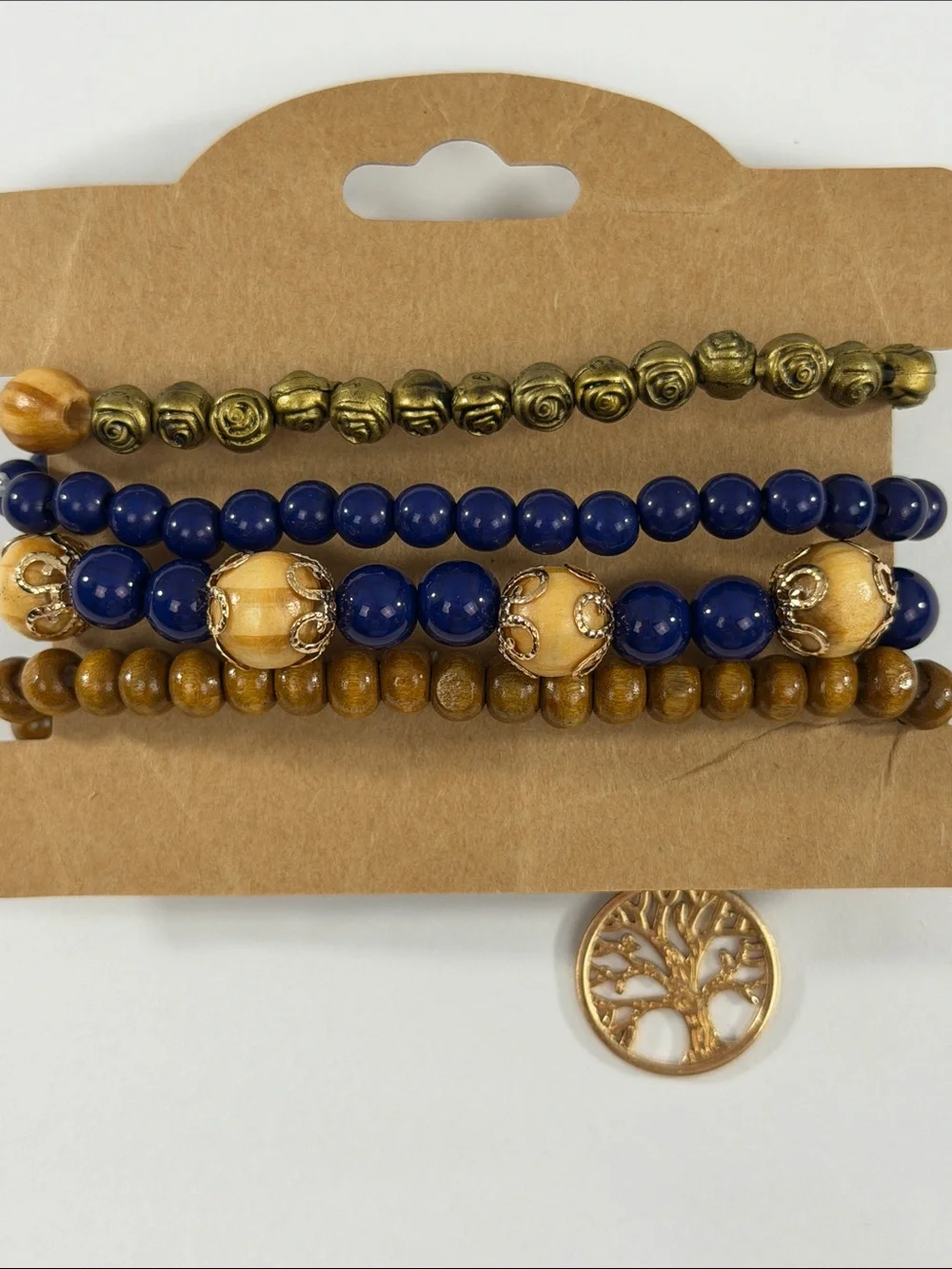 Fashion Jewelry Navy and Brown Beaded Bracelet Stack with Tree Charm